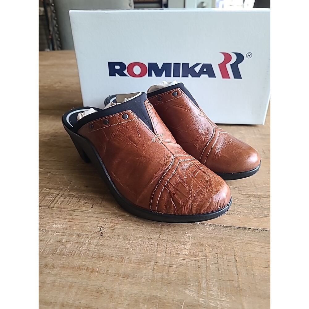 Romika Mokassetta Shoes Women's Size 37 Leather Brown Studded Mules NEW‎
